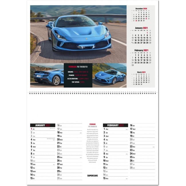 Custom Printed Supercars Central Spiral Wall Calendar