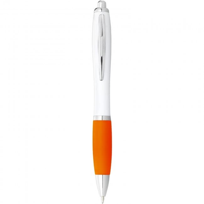 Custom Printed Nash ballpoint pen with white barrel and coloured grip - Image 1