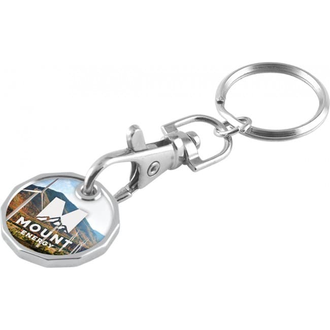 Custom Printed Nickle Plated Trolley Coin Keychain Unlaminated