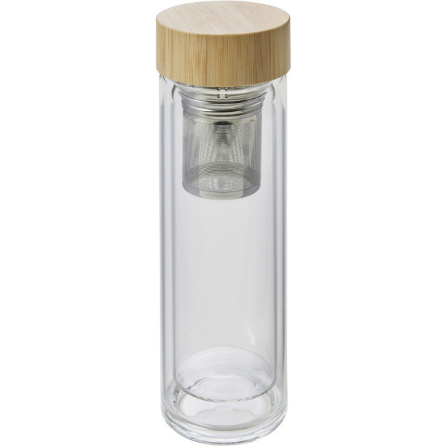 Branded Glass & bamboo bottle with tea infuser 420ml - Image 1