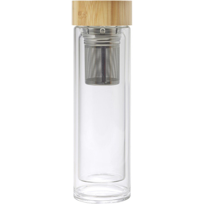 Branded Glass & bamboo bottle with tea infuser 420ml - Image 2