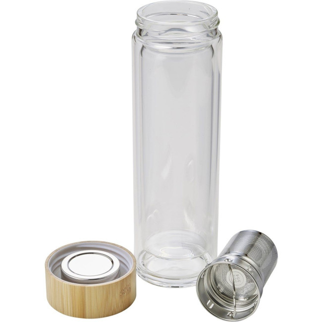 Branded Glass & bamboo bottle with tea infuser 420ml - Image 3