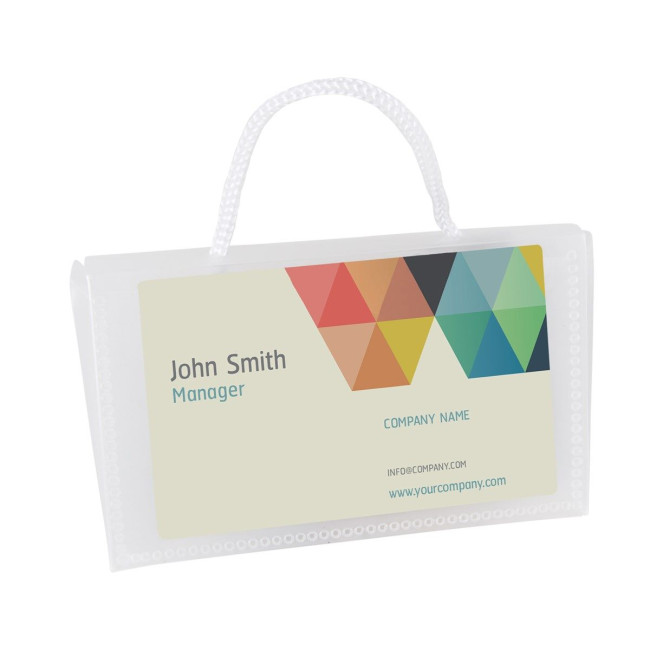 Custom Printed Mini clear recyclable polypropylene bag with drawstrings and one window for a business card. - Image 1