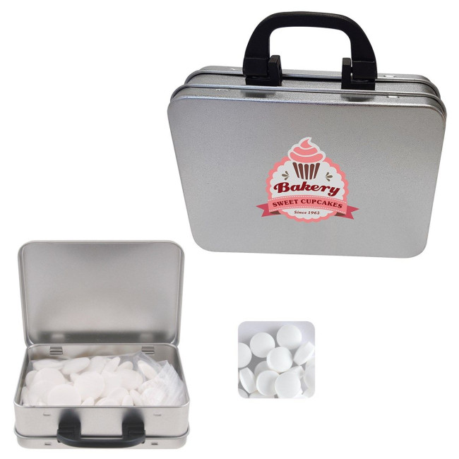 Custom Printed Suitcase tin with dextrose mints