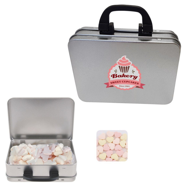 Custom Printed Suitcase tin with small hearts