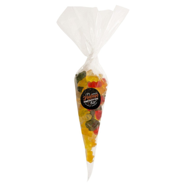 Custom Printed 220gr Sweet cones with printed label and filled with gummy bears