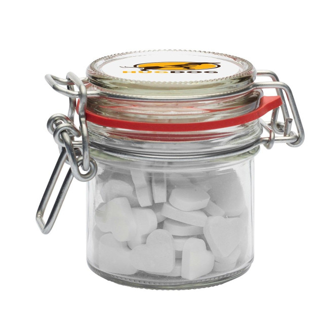 Custom Printed 125ml/290gr Glass jar filled with dextrose heart mints