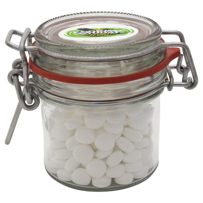 Custom Printed 125ml/295gr Glass jar filled with dextrose mints