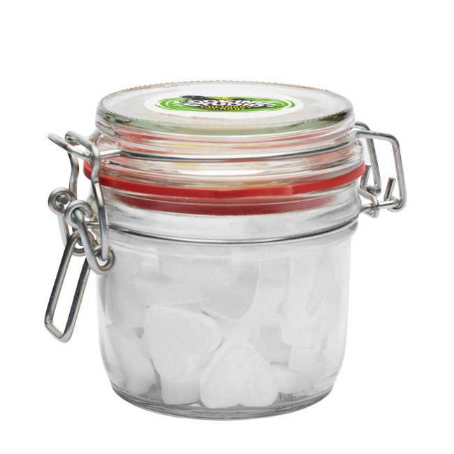 Custom Printed 255ml/490gr Glass jar filled with dextrose heart mints