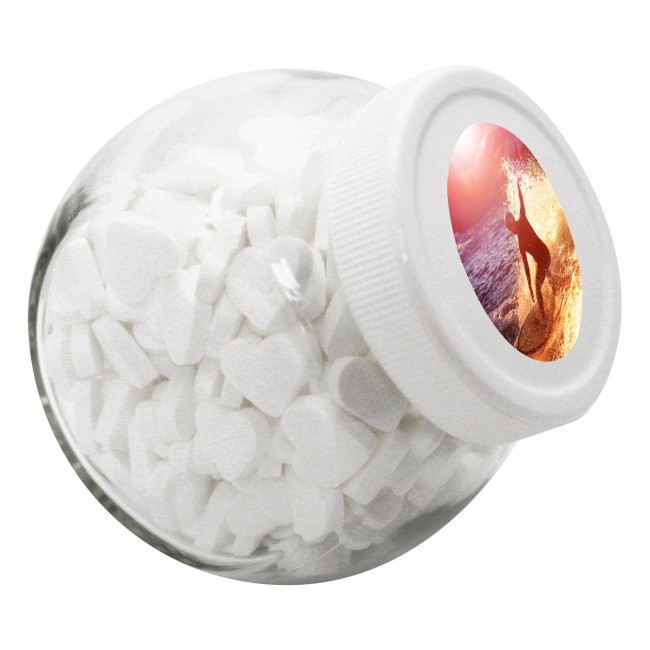 Custom Printed 395ml/505gr Candy jar with white plastic lid and filled with dextrose heart mints