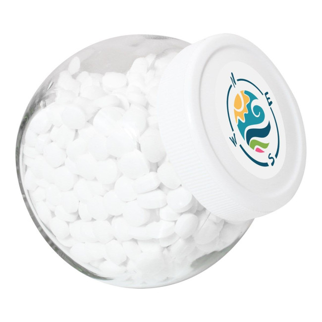 Custom Printed 395ml/515gr Candy jar with white plastic lid and filled with dextrose mints