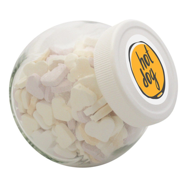 Custom Printed 395ml/505gr Candy jar with white plastic lid and filled with hearts small