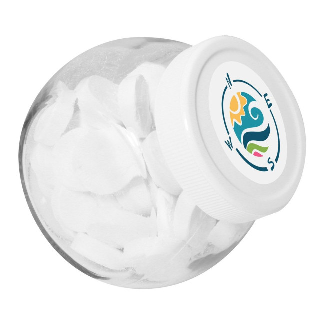 Custom Printed 395ml/490gr Candy jar with white plastic lid and filled with peppermints