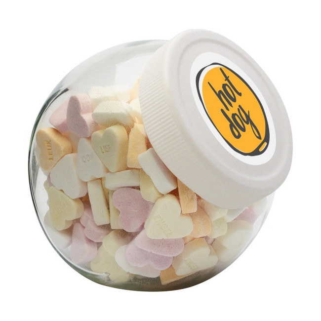 Custom Printed 395ml/505gr Candy jar with white plastic lid and filled with sugar hearts