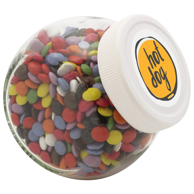 Custom Printed 395ml/525gr Candy jar with white plastic lid and filled with milk choco's