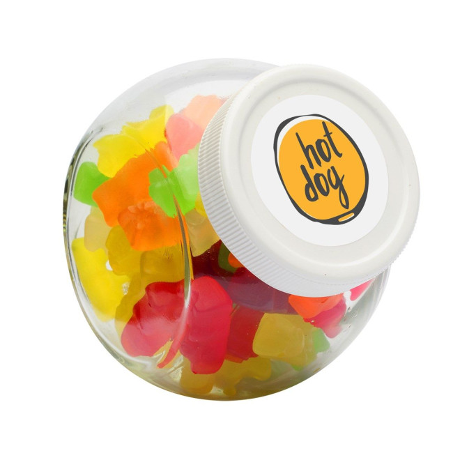 Custom Printed 395ml/480gr Candy jar with white plastic lid and filled with gummy bears