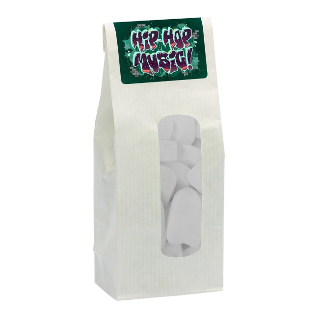 Custom Printed 110gr Kraft bag with window and filled with dextrose heart mints