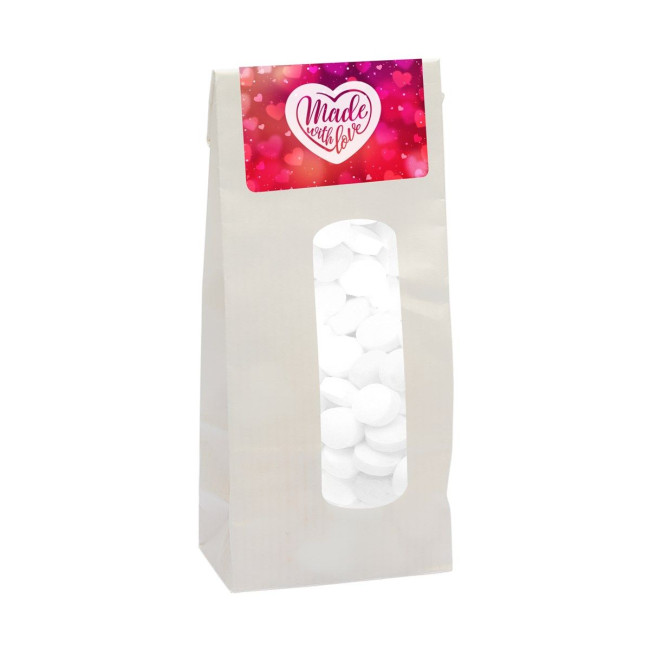 Custom Printed 110gr Kraft bag with window and filled with dextrose mints