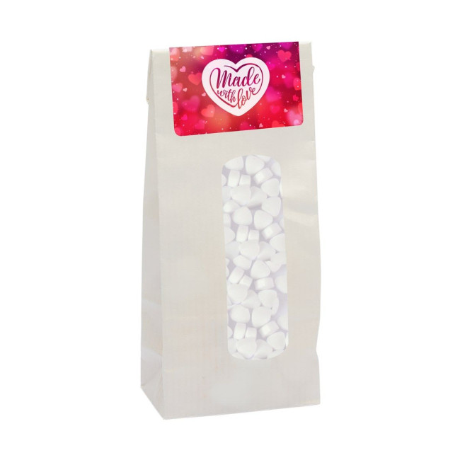 Custom Printed 110gr Kraft bag with window and filled with extra strong mints