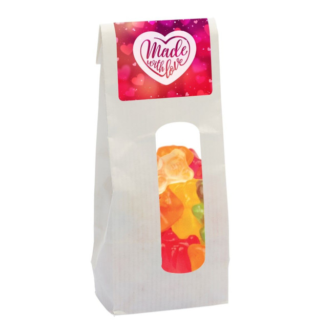 Custom Printed 110gr Kraft bag with window and filled with gummy bears