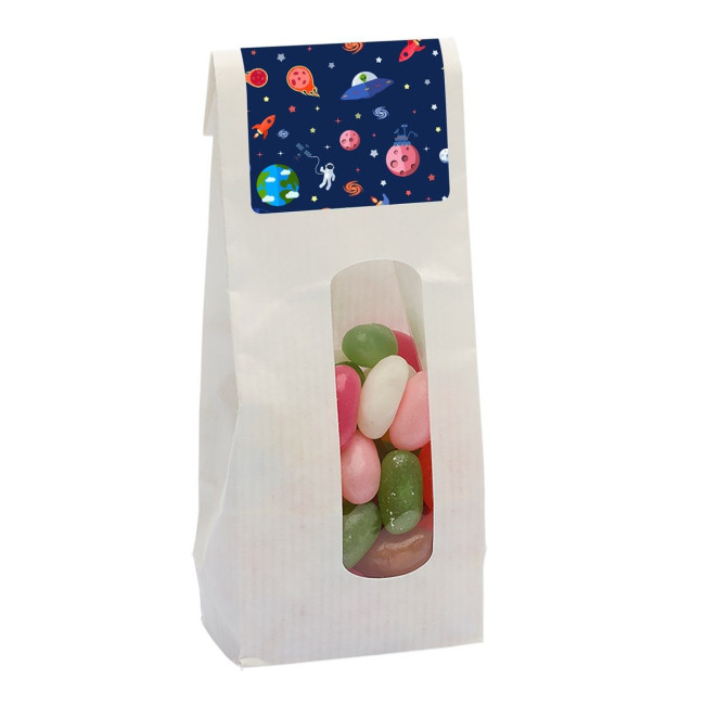 Custom Printed 110gr Kraft bag with window and filled with jelly beans