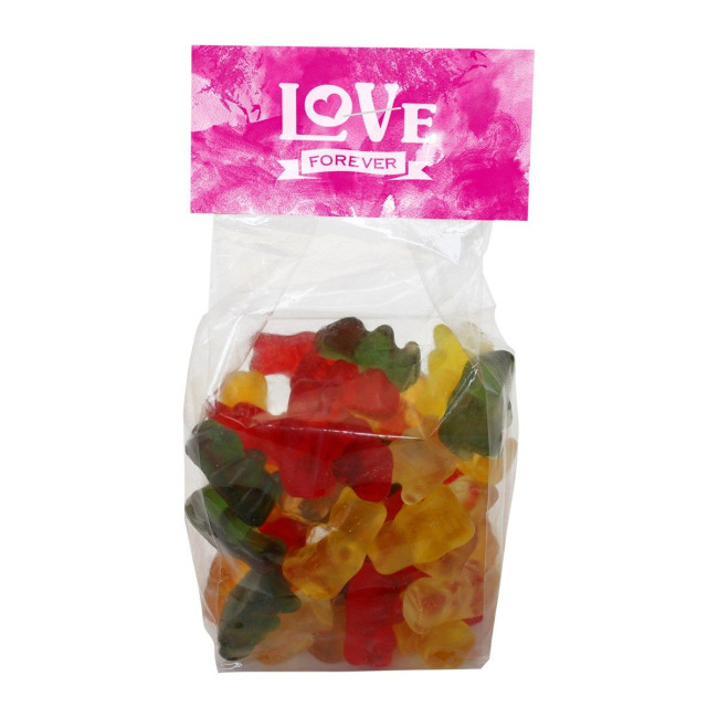 Custom Printed 130gr Bag with a card base and printed header board filled with gummy bears