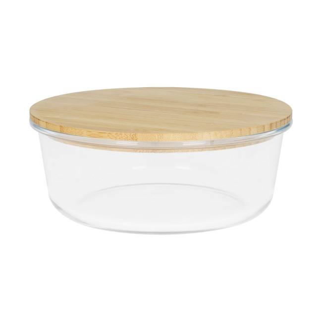 Branded Round Glass Box With Bamboo Lid 19x7.5cm