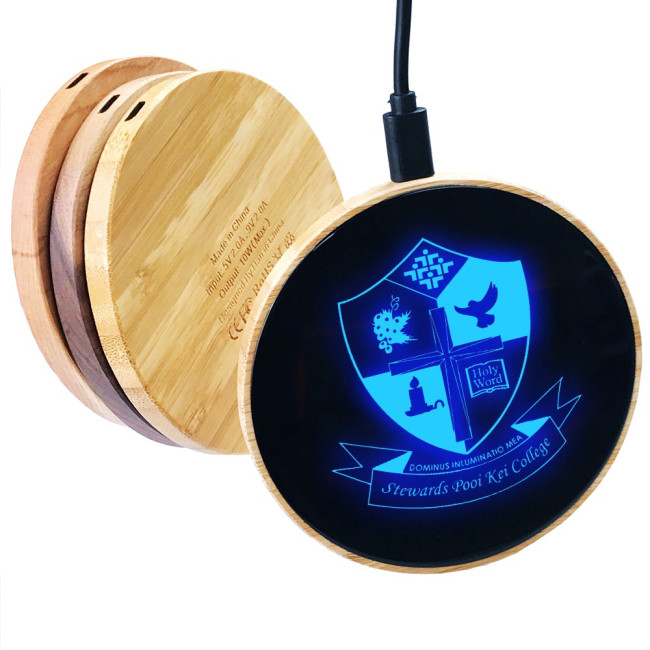 Branded Bamboo Wireless Charging Pad With LED Logo - Image 2