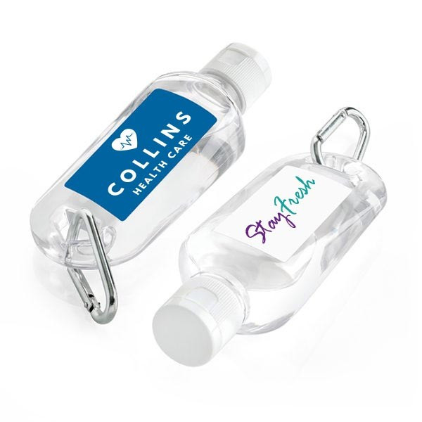 Custom Printed Antibacterial Hand Sanitiser On A Carabiner Clip 70ml