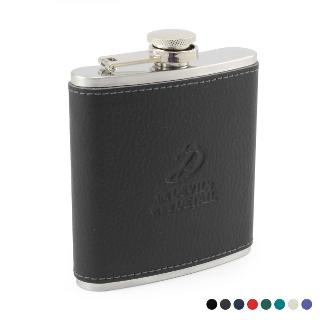 Custom Printed Hip Flask With A Recycled ELeather Wrap - Image 2