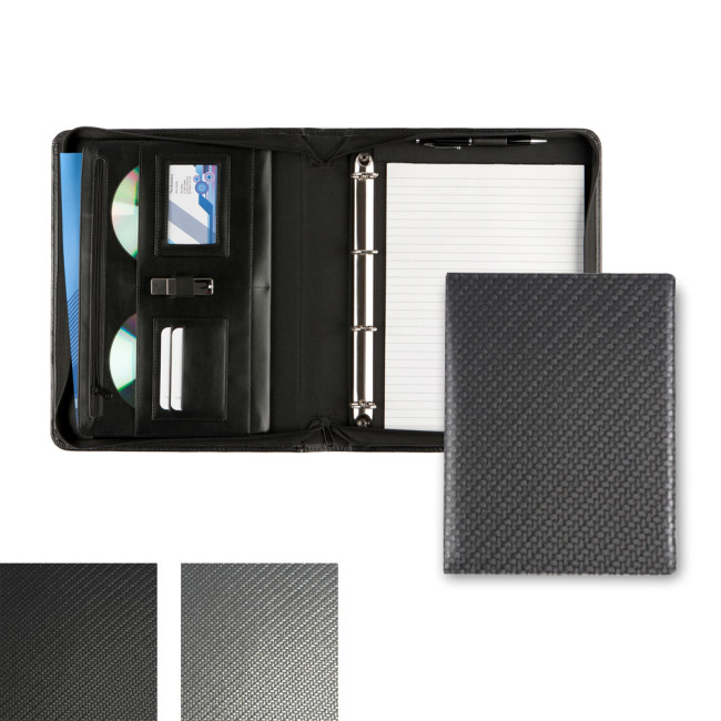 Custom Printed Carbon Fibre Textured PU Deluxe Zipped Ring Binder