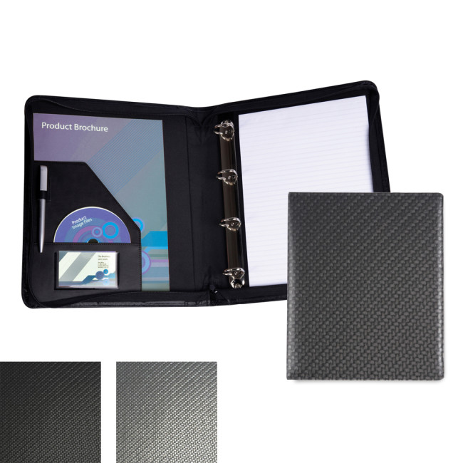 Custom Printed Carbon Fibre Textured PU Zipped A4 Ring Binder - Image 2