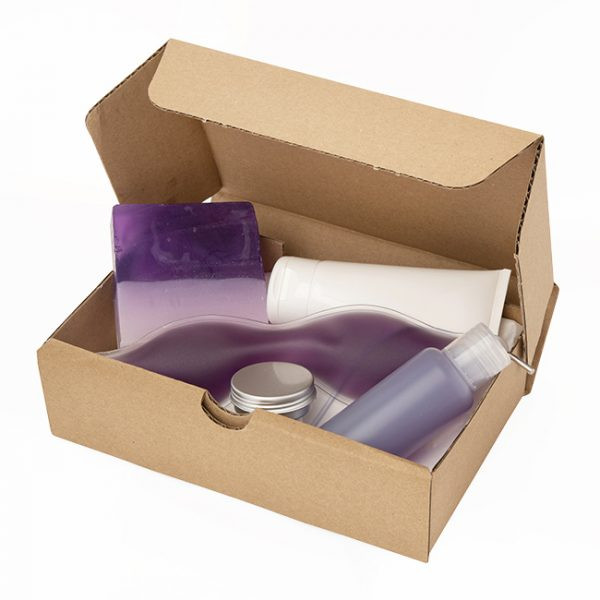 Custom Printed Purple Wellbeing Set in a Brown Postal Box