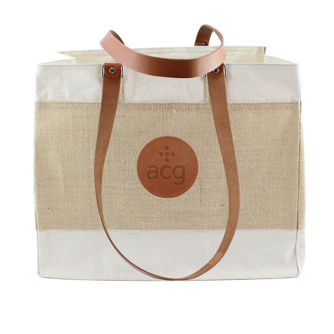 Custom Printed Deluxe Jute & Cotton Tote Bag With Chelsea Leather Handles