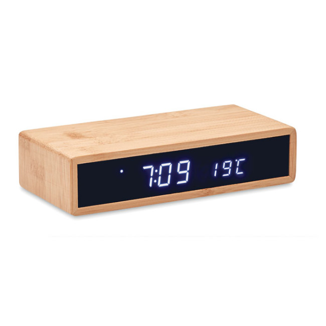 Branded Wireless Charger & Clock In Bamboo 5W