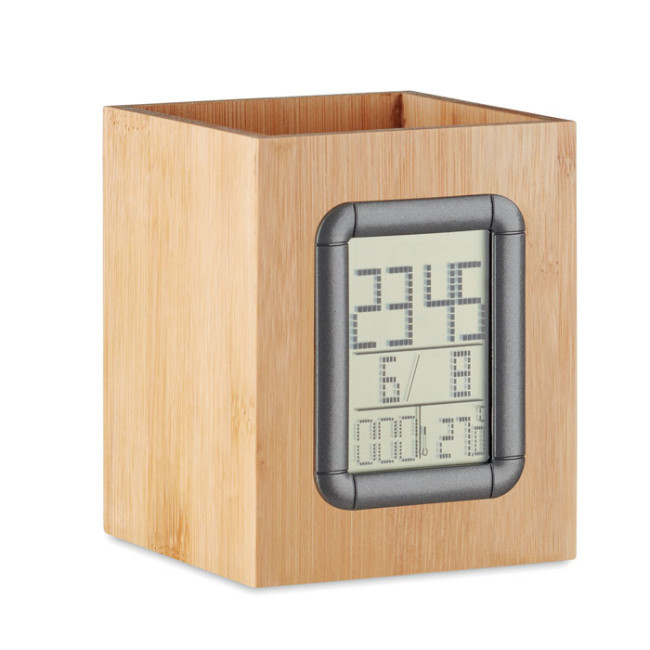 Branded Bamboo Pen Holder And Lcd Clock