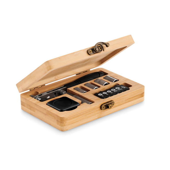 Branded 13 Piece Tool Set With Bamboo Case