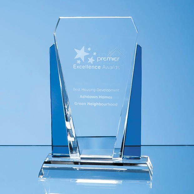 Custom Printed 17.5cm Clear & Sapphire Blue Optical Crystal Sentinel Award