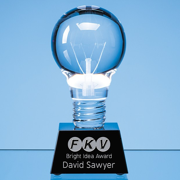 Custom Printed 6.5cm Dia Optical Crystal Lightbulb Award Mounted on an Onyx Black Crystal Base