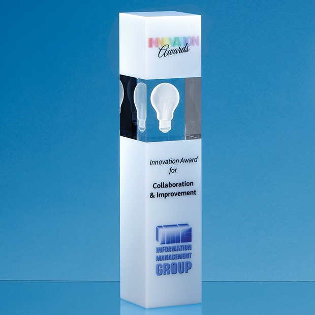 Custom Printed 24cm Clear & White Optical Crystal Square Column Award