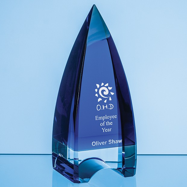 Custom Printed 18cm Cobalt Blue & Clear Optical Crystal Pinnacle Award