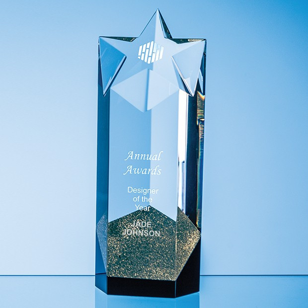 Custom Printed 24cm Sparkling Gold Optical Crystal Star Column Award