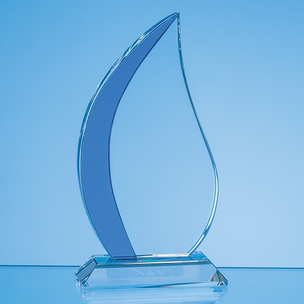 Custom Printed 18cm Optical Crystal Clear & Cobalt Blue Flame Award