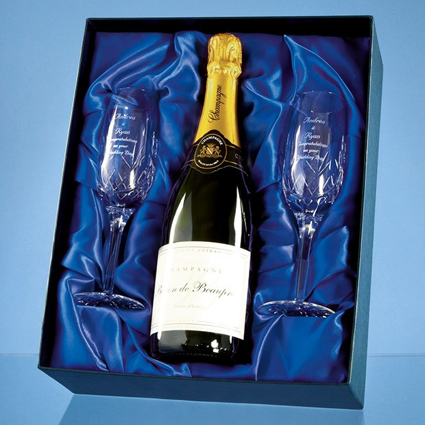 Custom Printed Double Champagne Flute Gift Set with a 75cl Bottle of Brut House Champagne