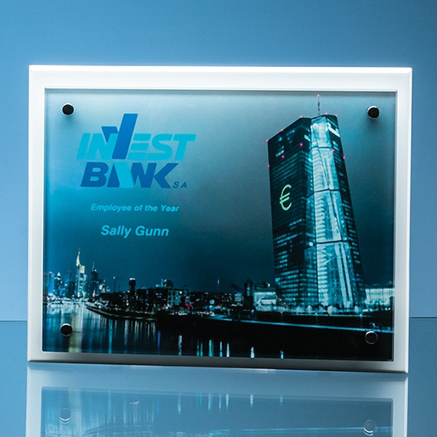 Branded 17.5cm x 22.5cm x 5mm Clear Glass Rectangle mounted on a 17mm Thick White Wood Plaque