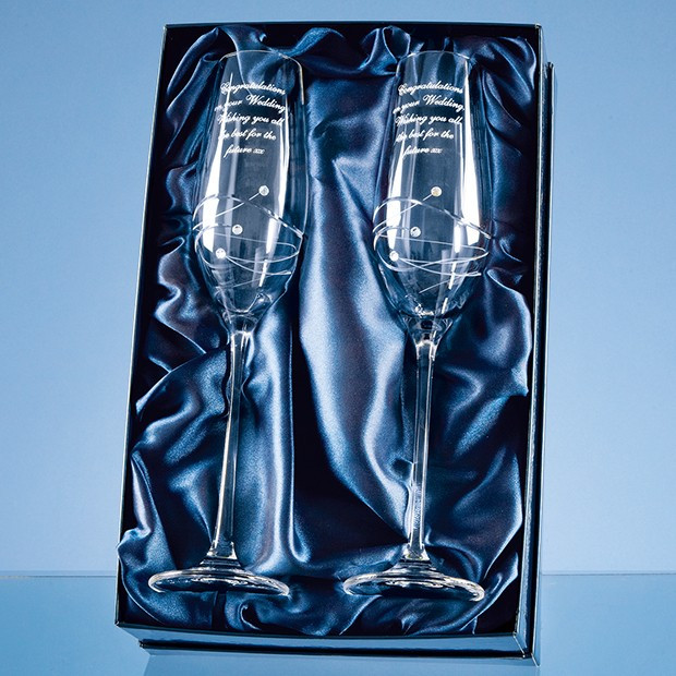 Custom Printed 2 Diamante Champagne Flutes with Spiral Design Cutting in an attractive Gift Box