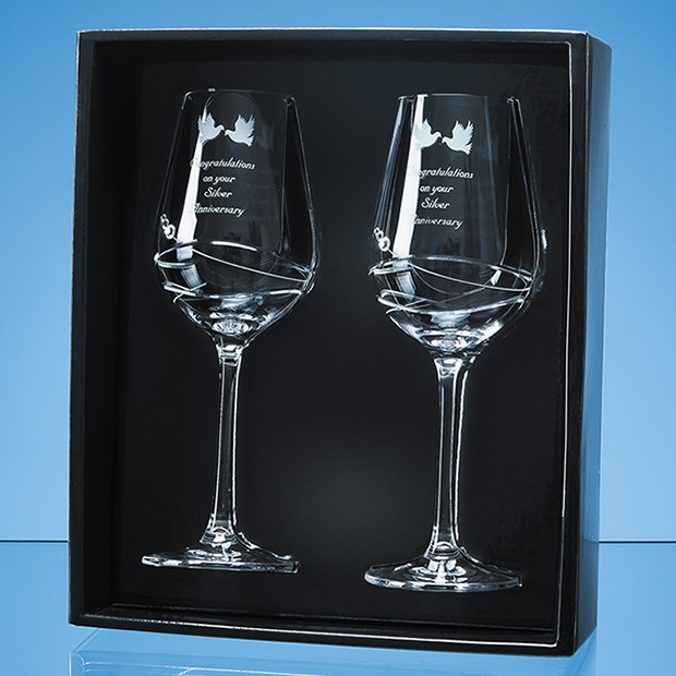 Custom Printed 2 Diamante Wine Glasses with Modena Spiral Cutting in an attractive Gift Box