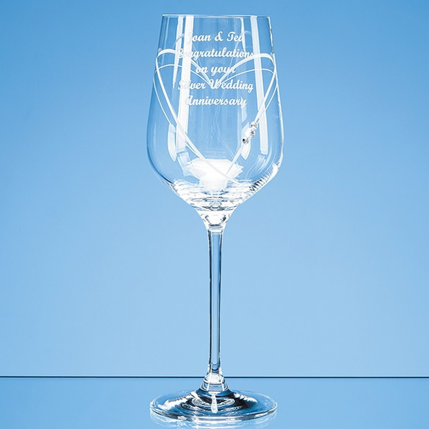 Custom Printed Just For You' Diamante Wine Glass with Heart Shaped Cutting in an attractive Gift Box