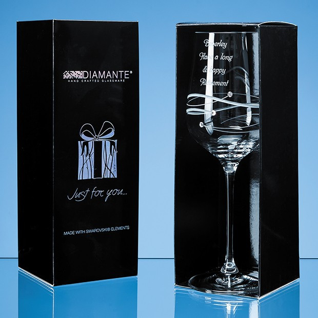 Custom Printed Just For You' Diamante Wine Glass with Spiral Design Cutting in an attractive Gift Box