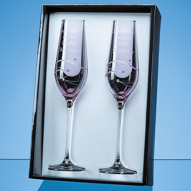 Custom Printed 2 Pink Diamante Champagne Flutes with Spiral Design Cutting in an attractive Gift Box